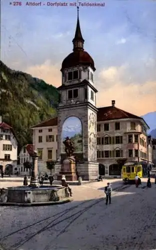 Ak Altdorf Kt. Uri Schweiz, Dorfplatz mit Telldenkmal