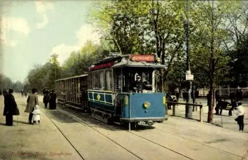 Ak Stockholm Schweden, Kungl. Djurgarden, Straßenbahn an der Haltestelle