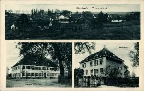 Ak Pörnbach in Oberbayern, Gasthaus zur Post,  Totalansicht, Schulhaus