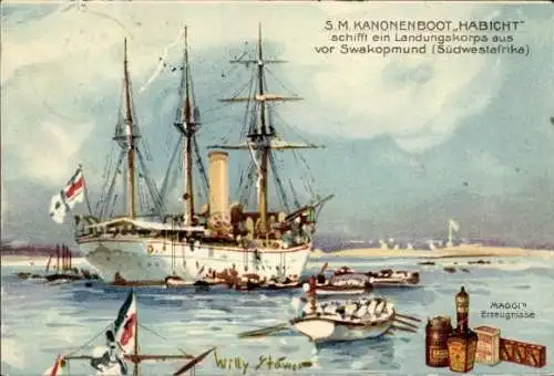 Künstler Ak Stöwer, W., S.M. Kanonenboot Habicht, Swakopmund, Kaiserliche Marine