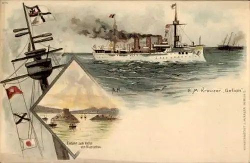 Künstler Litho Deutsches Kriegsschiff, SMS Gefion, Kreuzer, Kaiserliche Marine, Kiautschau