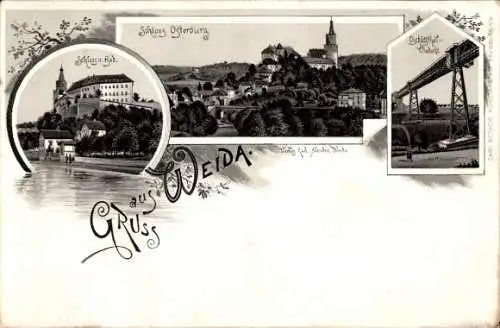 Litho Weida in Thüringen, Schloss und Bad, Osterburg, Oschützthal Viadukt