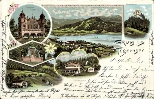 Litho Tegernsee in Oberbayern, Panorama, Restaurant Pfliegelhof, Senger Schloss, Denkmal