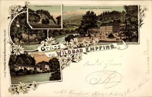 Litho Empfing Traunstein Oberbayern, Wildbad, Gesamtansicht, Windschnur-Partie, Partie Klobenstein