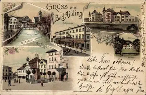 Litho Bad Aibling, Glonnbach durch den Markt, Kurhotel, Johannisbad, Milchhäusl