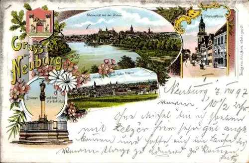 Litho Neuburg an der Donau Oberbayern, Totalansicht mit der Donaubrücke, Amalienkirche