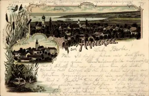 Litho Herrsching am Ammersee, Gesamtansicht mit Ammersee, Kloster Andechs