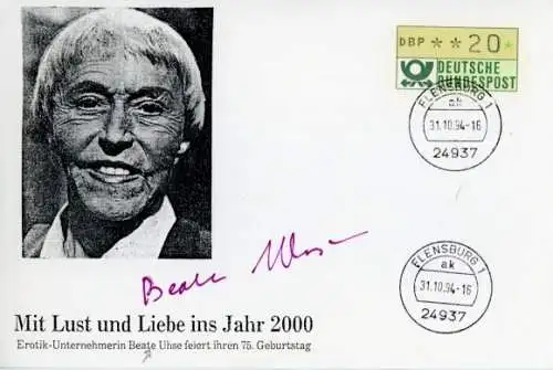 Autogramm Beate Uhse, Mit Lust und Liebe ins Jahr 2000, 75. Geburtstag 1994, Portrait