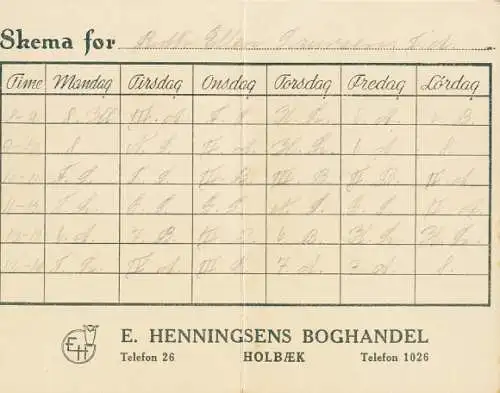 Stundenplan E. Hennigsens Boghandel, Holbaek