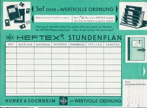 Stundenplan Heftex Ordner, Hefter, Schildchen Büromaterial um 1970