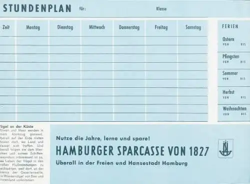 Stundenplan Hamburger Sparkasse von 1827, Vögel der Küste, Silbermöwe, Eiderente um 1960