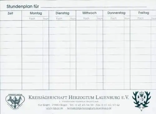 Stundenplan Reklame, Kreisjägerschaft Herzogtum Lauenburg E.V., Tiere, Hase, Dachs, Fuchs