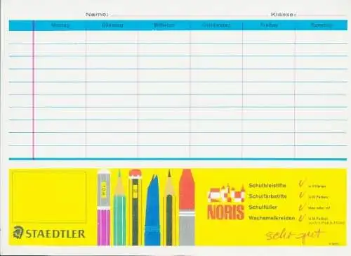 Stundenplan, Reklame Schulbedarf von Staedtler, Noris, Wartburg Eisenach