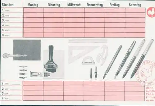 Stundenplan Reklame Brause, Schreibfedern, Füllfederhalter