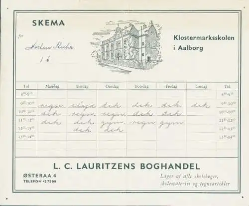 Stundenplan, L. C. Lauritzens Buchhandel, Klostermarksskolen in Aalborg