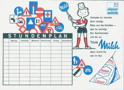 Stundenplan, Reklame Alstermilch, Trink Milch, Junge mit Kelle, Verkehrszeichen