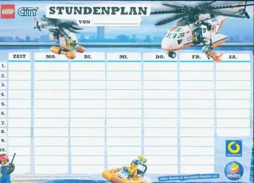 Stundenplan LEGO City, Hubschrauber, Feuerwehrmann, Rettungsboot