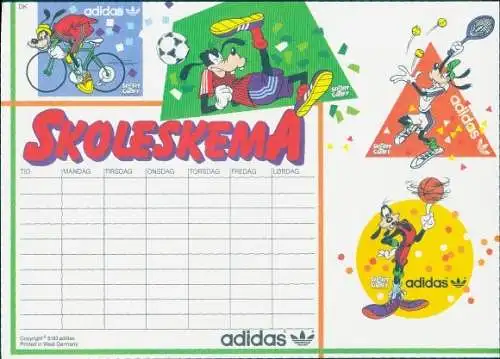 Stundenplan auf Aufkleber, Adidas, Disney Sport-Goofy als Rennradfahrer, Fußballer etc. um 1980