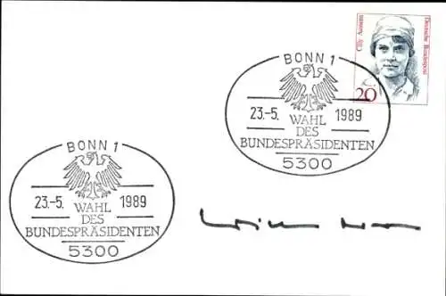 Autogramm Willy Brandt, Stempel Wahl des Bundespräsidenten, Bonn 23.5.1989