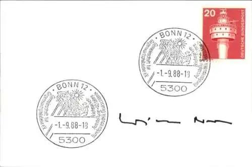 Autogramm Willy Brandt, Stempel Briefmarkenausstellung 40 Jahre BRD, Bonn 1.9.1988