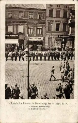 Ak Tschernjachowsk Insterburg Ostpreußen, Russ. Parade 1914, General Rennenkampf, Großfürst Nicolai