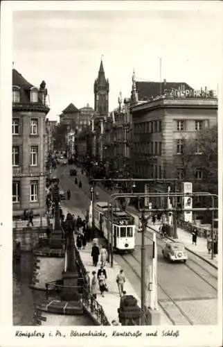 Ak Kaliningrad Königsberg Ostpreußen, Börsenbrücke, Kantstraße und Schloss, Straßenbahn