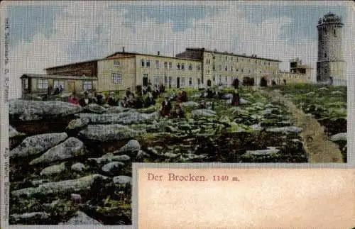 Ak Brocken Nationalpark Harz, Brockenhotel, Aussichtsturm, Seidenimitatkarte