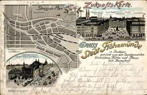 Zukunfts Litho Flöha in Sachsen, Stadtplan, Konzerthaus, Theater, Gymnasium, Bahnhof