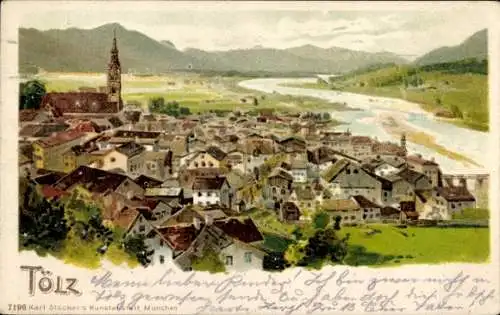 Litho Bad Tölz im Isartal Oberbayern, Panoramablick auf die Stadt