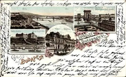 Litho Budapest Ungarn, Panorama, Franz Josefs-Brücke, Burg