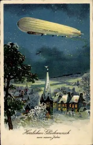 Ak Glückwunsch Neujahr, Zeppelin, Ortspartie