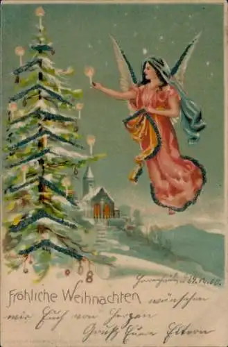 Glitzer Litho Frohe Weihnachten, Engel, Tannenbaum