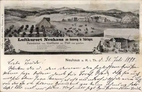 Litho Neuhaus am Rennweg Thüringen, Panorama vom Gasthaus zur Post