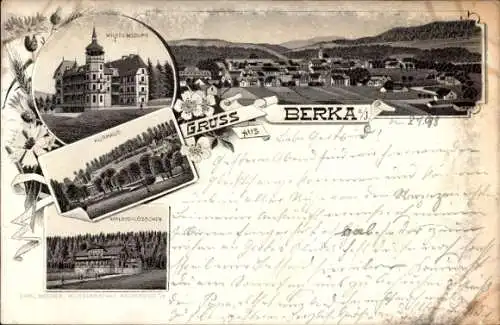 Litho Bad Berka im Weimarer Land Thüringen, Wilhelmsburg, Kurhaus, Blick auf die Hardt, Panorama