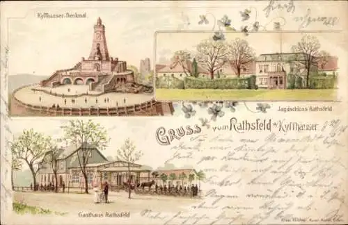 Litho Rathsfeld Kyffhäuserland in Thüringen, Kyffhäuserdenkmal, Jagdschloss, Gasthaus