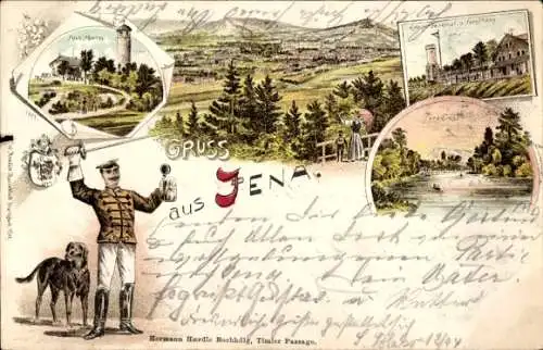 Litho Jena in Thüringen, Panorama, Fuchsturm, Gasthof, Denkmal, Student