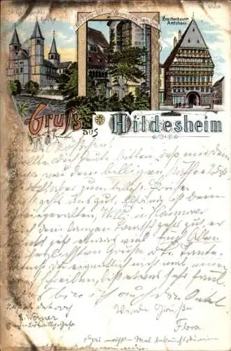 Litho Hildesheim in Niedersachsen, Tausendjähriger Rosenstock, Knochenhaueramtshaus