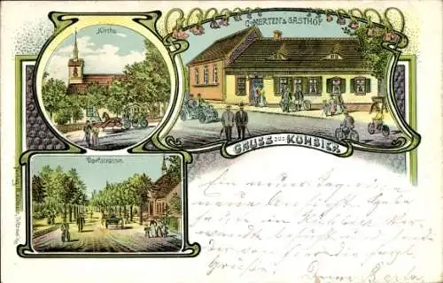 Litho Kuhbier Groß Pankow in der Prignitz, Kirche, Mertens Gasthof, Dorfstraße