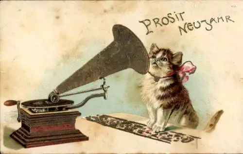 Präge Litho Fröhliches Neujahr, Grammophon, Katze