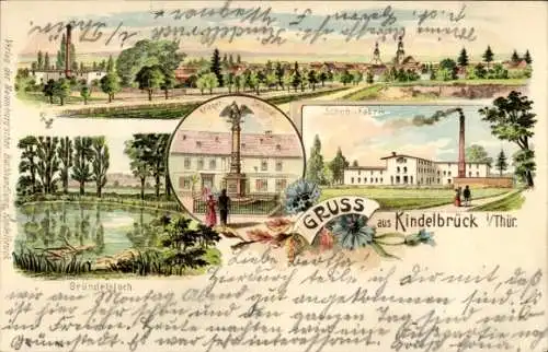 Litho Kindelbrück in Thüringen, Gesamtansicht, Gründelsloch, Kriegerdenkmal, Schuhfabrik