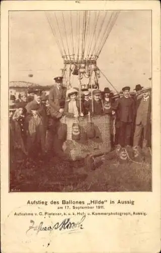 Ak Ústí nad Labem Aussig an der Elbe, Aufstieg Ballon Hilde, 17.09.1911, Ballonpost