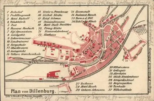 Stadtplan Ak Dillenburg, Bahnhof, Hotel Neuhoff, Brauerei Haubach, Oranienbrauerei, Hotel Hirsch