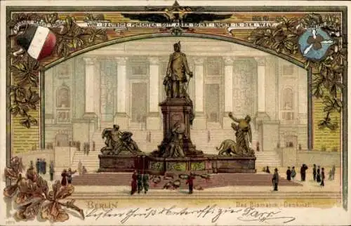 Präge Passepartout Litho Berlin Tiergarten, Bismarck-Denkmal, Wappen