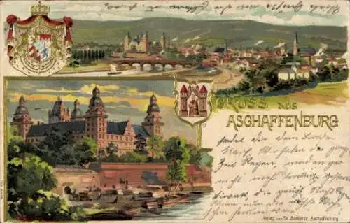 Präge Litho Aschaffenburg in Unterfranken, Totale, Schloss, Wappen