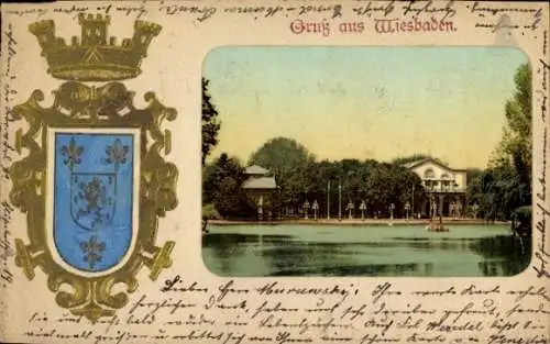 Präge Wappen Passepartout Ak Wiesbaden in Hessen, Teilansicht