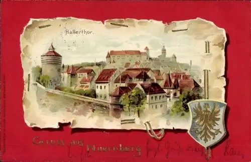 Präge Passepartout Wappen Litho Nürnberg in Mittelfranken Bayern, Hallertor