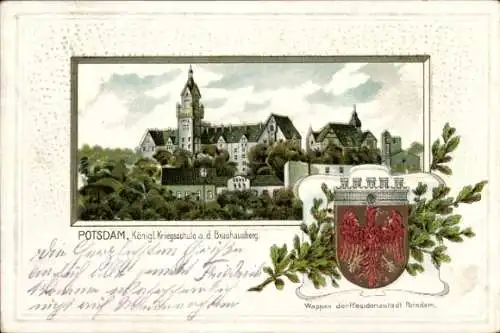 Präge Wappen Litho Potsdam, Königliche Kriegsschule auf dem Brauhausberg