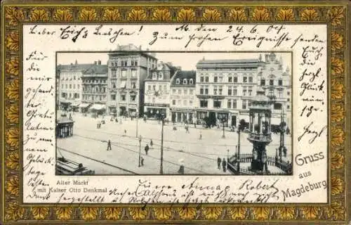 Präge Passepartout Ak Magdeburg an der Elbe, Alter Markt, Kaiser Otto Denkmal, Geschäftshäuser