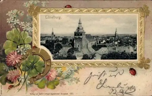 Präge Passepartout Ak Lüneburg in Niedersachsen, Stadtbild, Kirche, Hufeisen, Klee