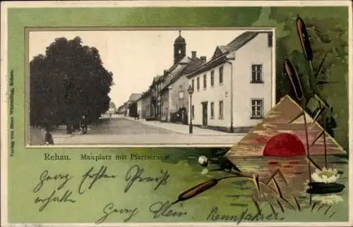 Präge Passepartout Ak Rehau im Fichtelgebirge Oberfranken, Maxplatz mit Pfarrstraße